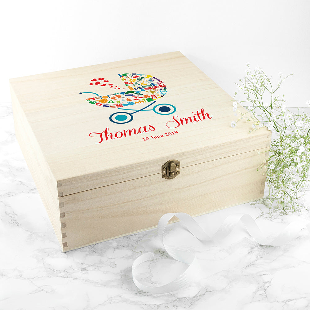 Personalised Pram Baby Boy Memory Box - treat-republic