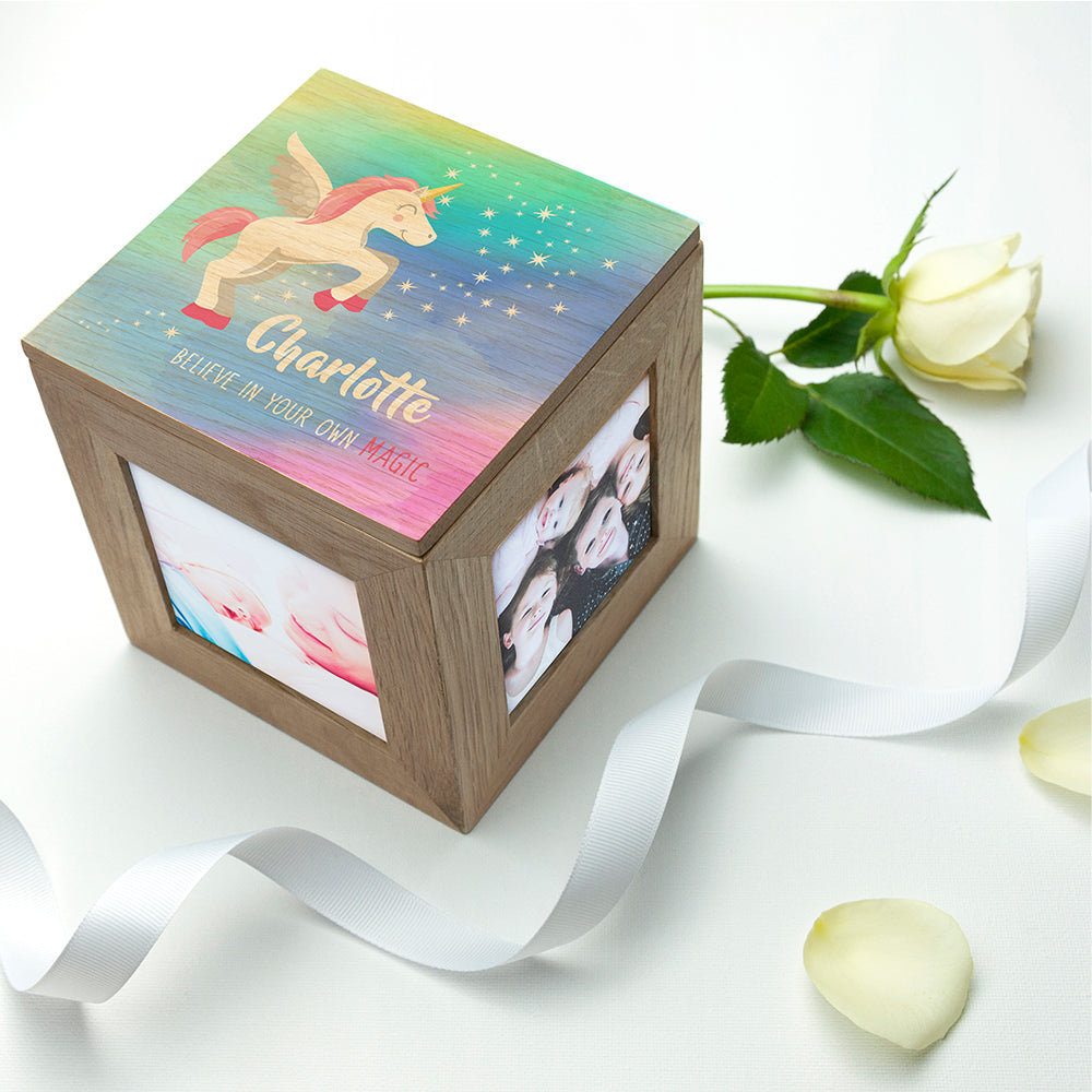 Personalised Baby Unicorn Photo Cube with Rainbow Background - treat-republic