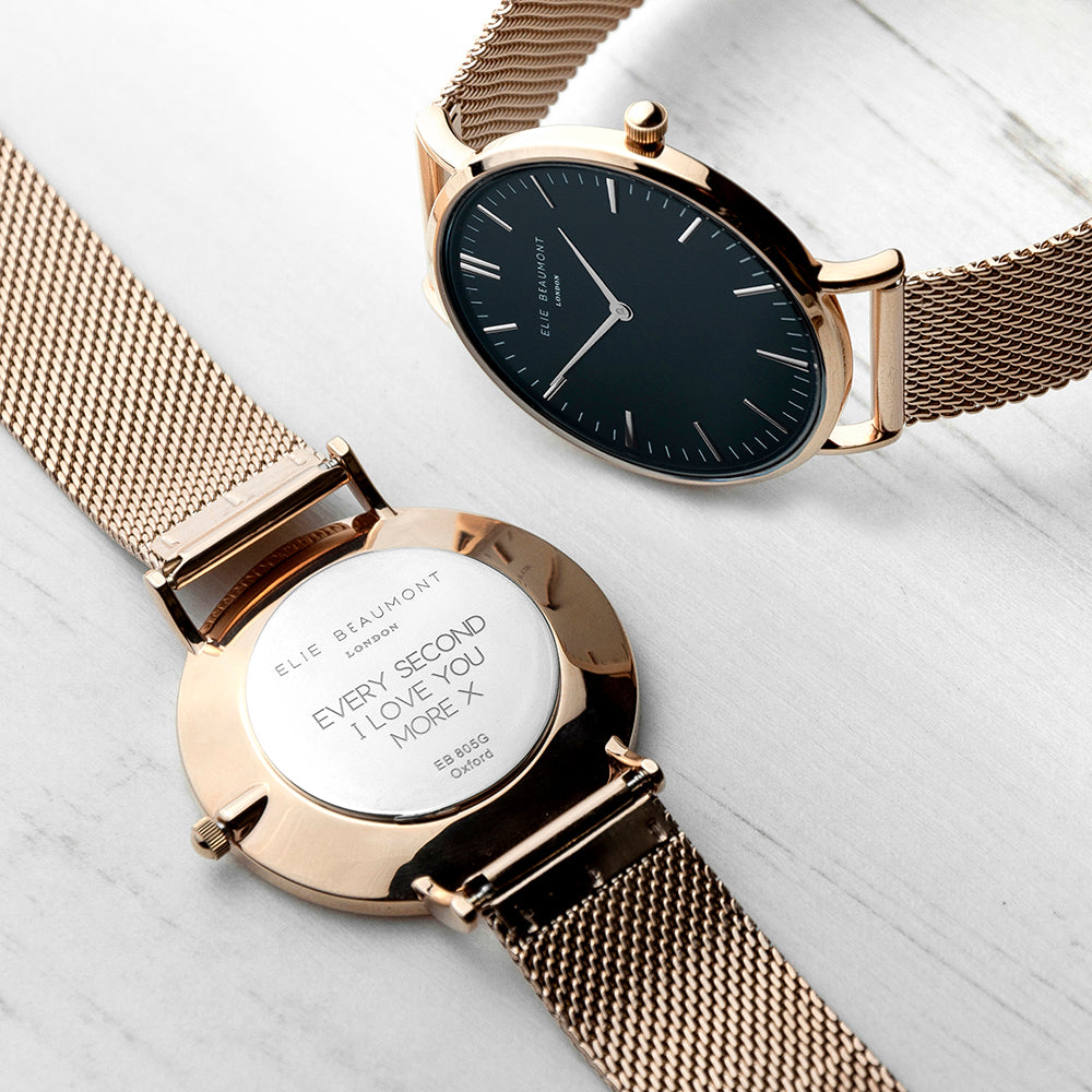 Elie Beaumont Personalised Ladies Rose Gold Mesh Strapped Watch With Black Dial - treat-republic