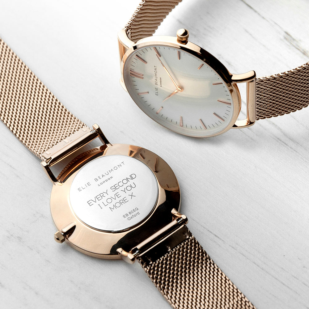 Elie Beaumont Personalised Ladies Rose Gold Mesh Strapped Watch With White Dial - treat-republic