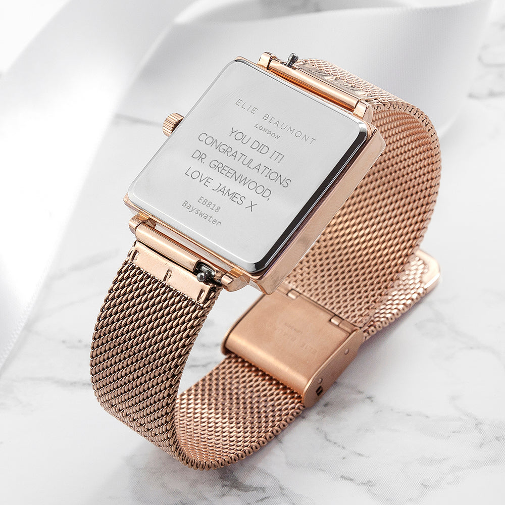 Elie Beaumont Personalised Ladies Rose Gold Metallic Square Watch - treat-republic