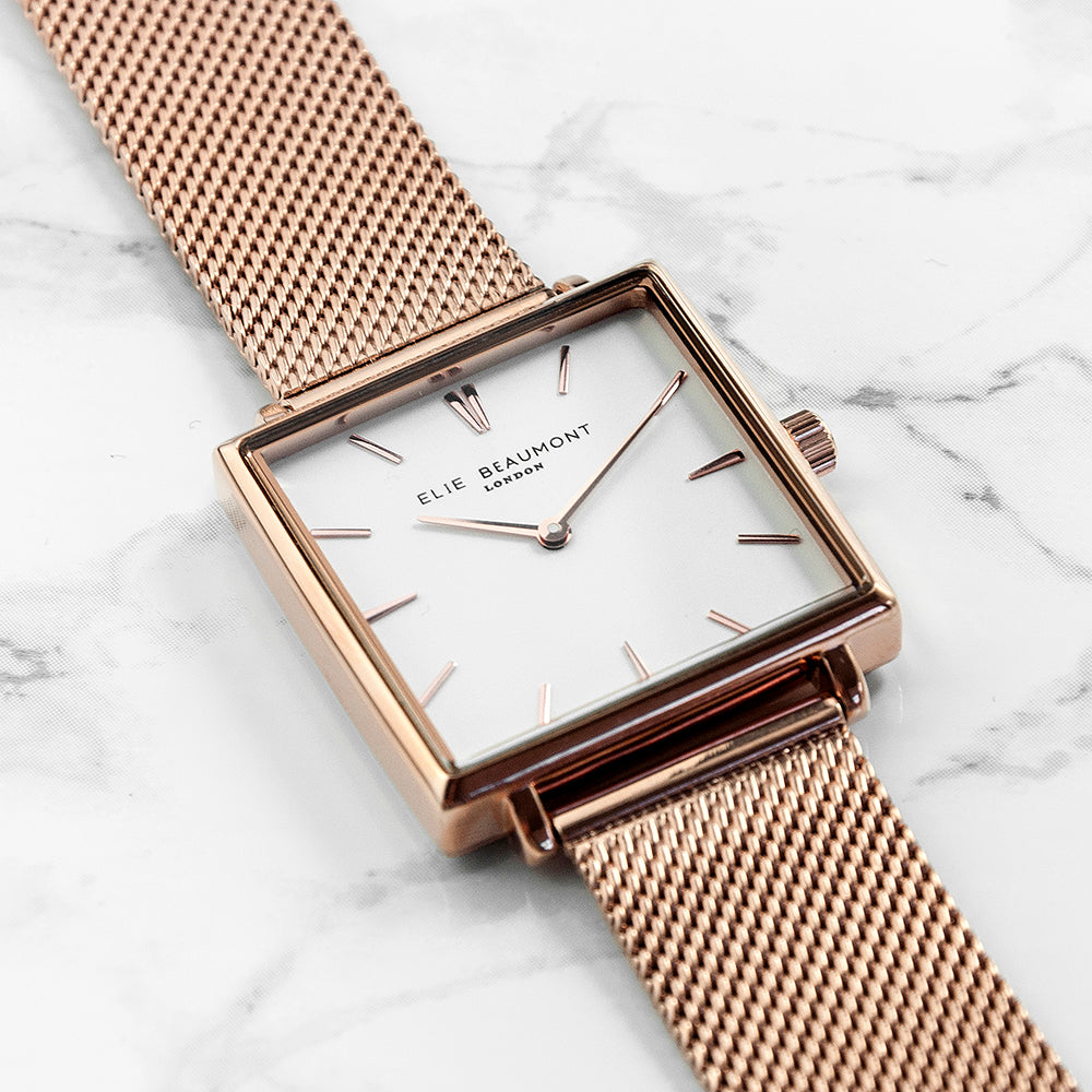 Elie Beaumont Personalised Ladies Rose Gold Metallic Square Watch - treat-republic