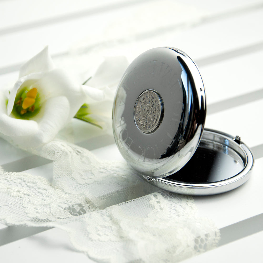 Personalised Silver Plated Lucky Sixpence Compact Mirror - treat-republic