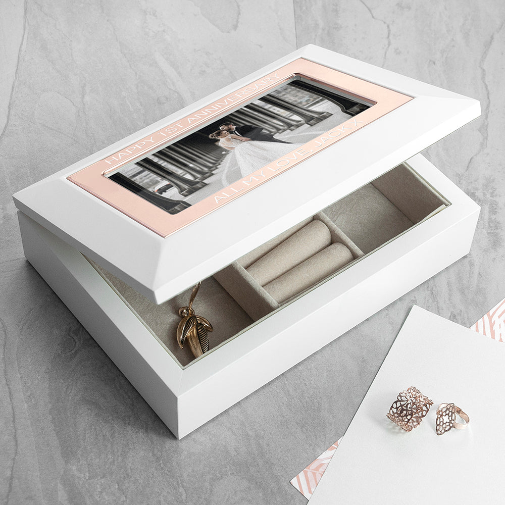 Personalised White & Rose Gold Photo Jewellery Box - treat-republic