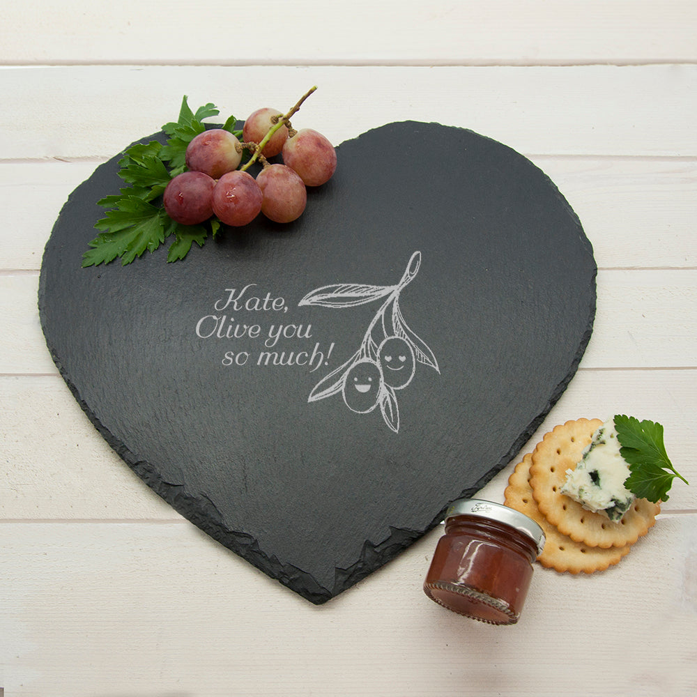 Romantic Pun "Olive You So Much" Heart Slate Cheese Board - treat-republic