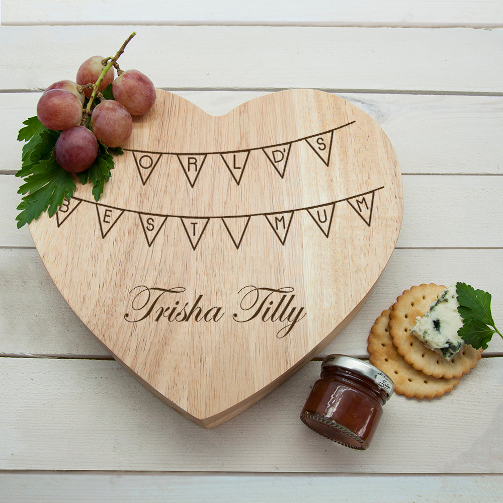 World's Best Mum Bunting Heart Cheese Board - treat-republic