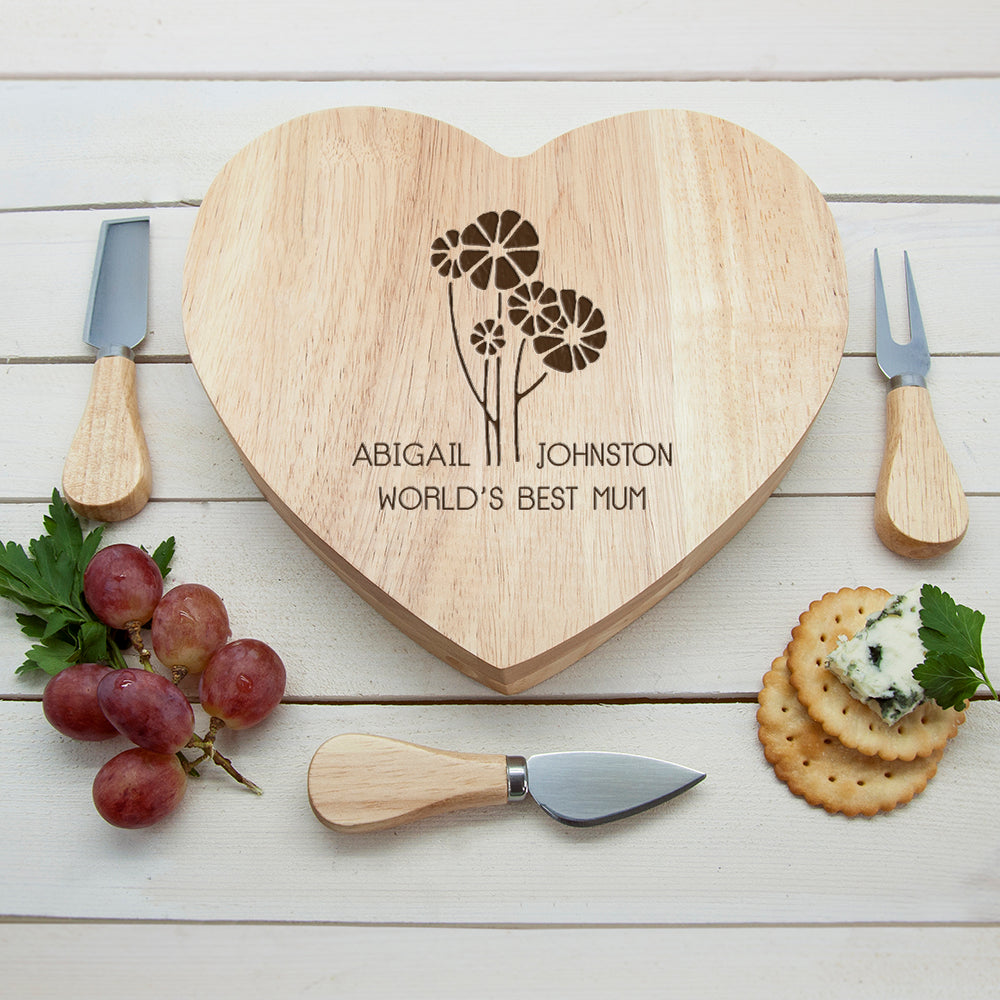 Worlds Best Mum with Daisy Flowers Heart Cheese Board - treat-republic