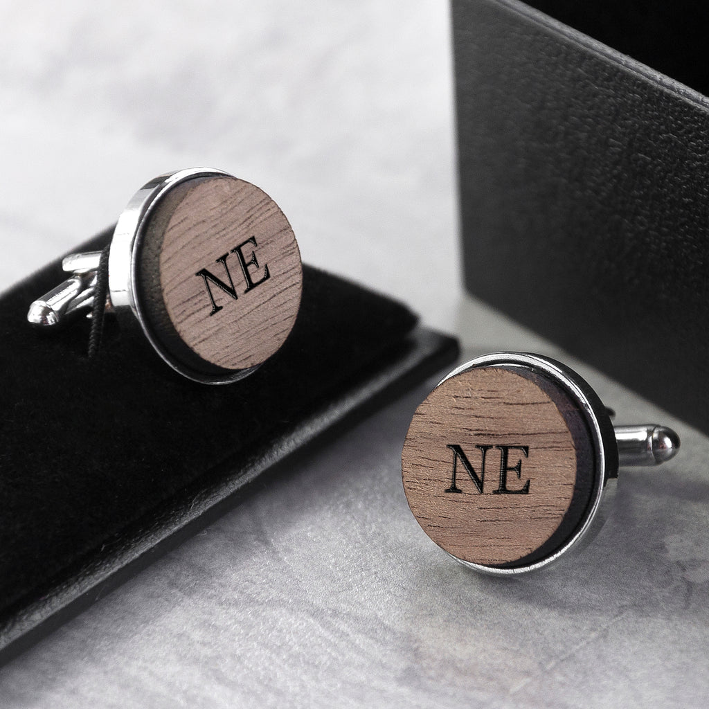 Monogrammed Engraved Round Walnut Cufflinks