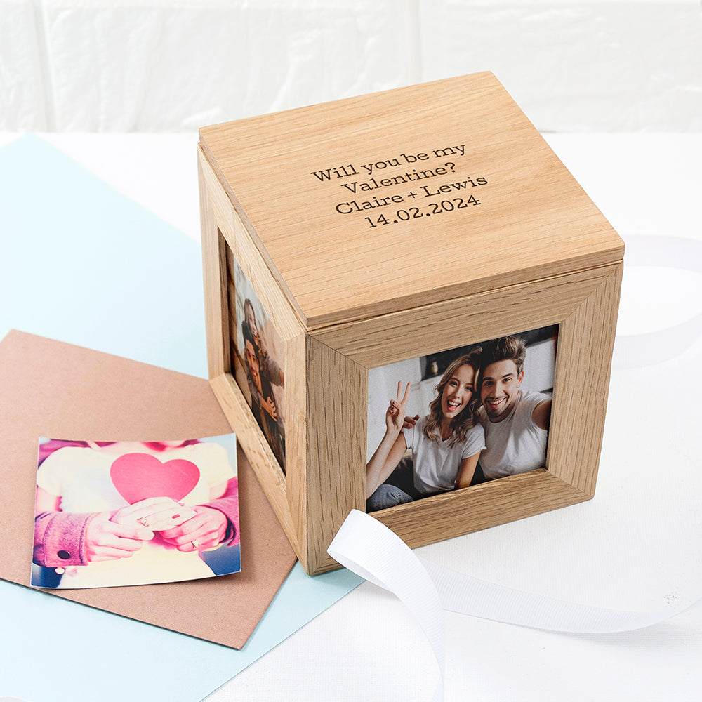 Personalised Valentine's Oak Photo Cube Keepsake Box