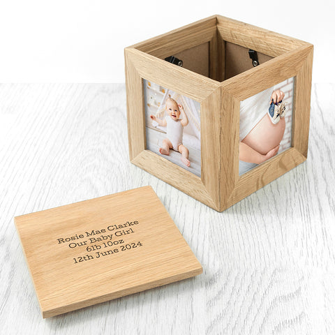 Personalised Oak New Baby Photo Cube Keepsake Box