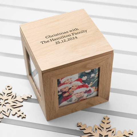 Personalised Oak Christmas Photo Cube Keepsake Box