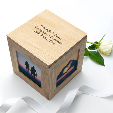 Personalised Oak Couples Photo Cube Keepsake Box