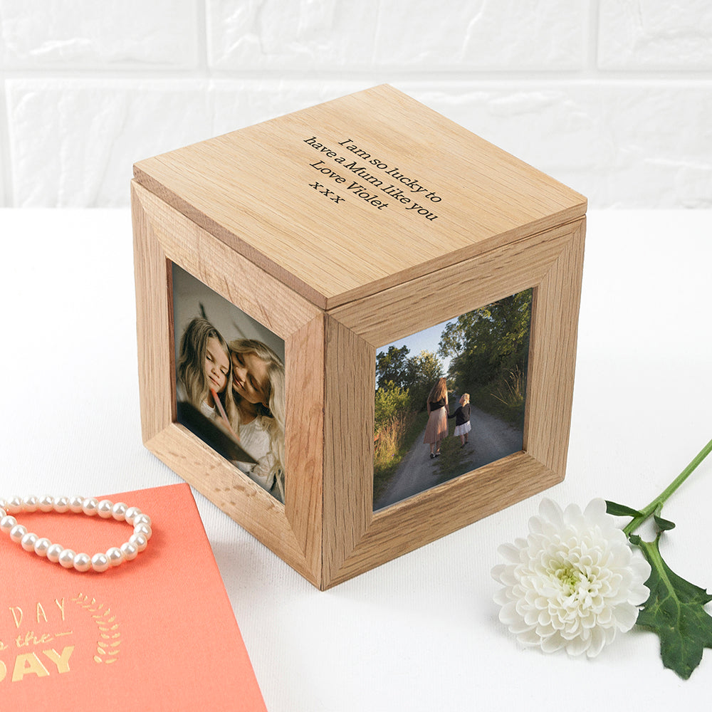 Mum's Personalised Oak Photo Cube Keepsake Box