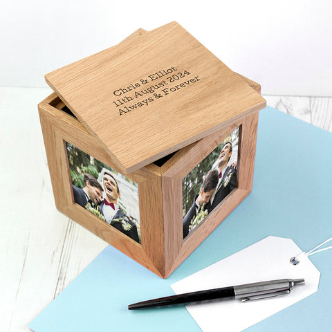 Personalised Oak Wedding Photo Cube Keepsake Box
