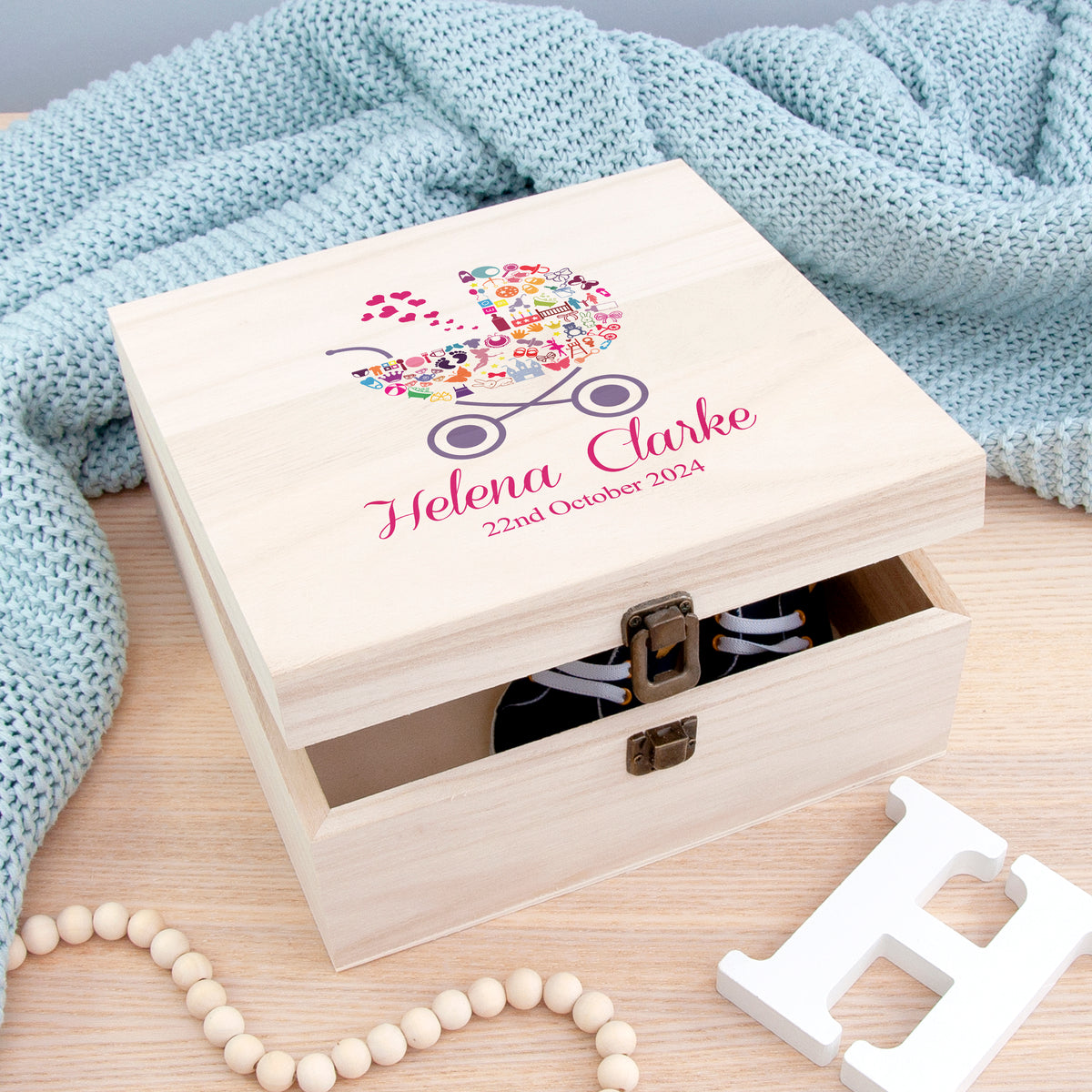 Personalised Pram Baby Girl Memory Box | New Baby Gifts | Treat Republic
