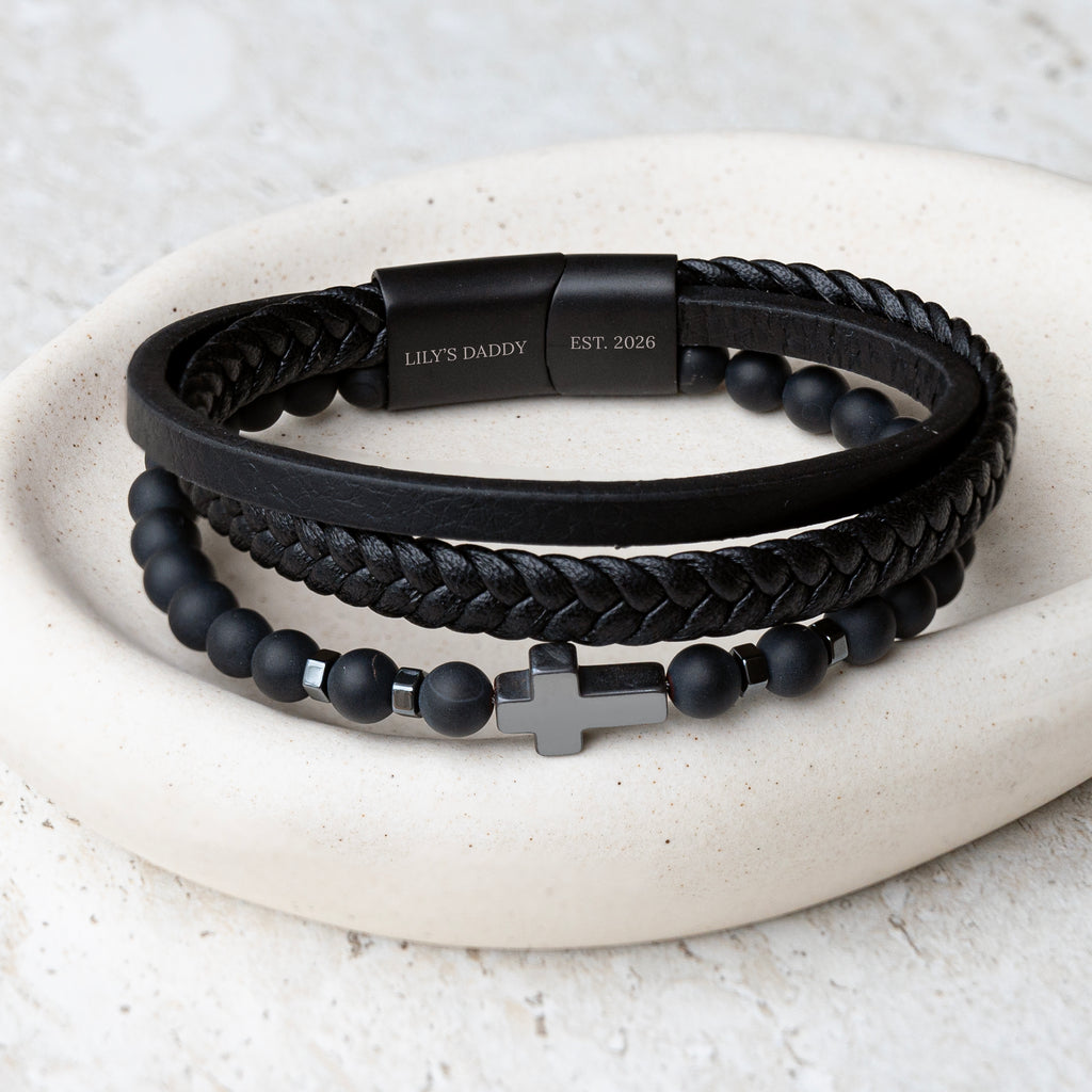 Personalised Men's Beaded and Stacked Leather Cross Bracelet