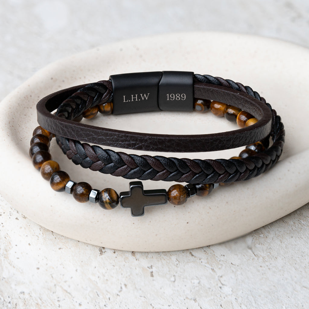 Personalised Men's Dual Tiger's Eye and Leather Cross Bracelet