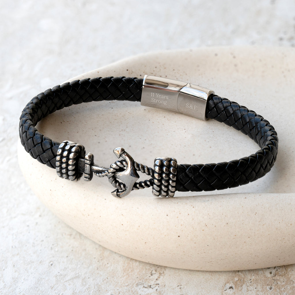 Personalised Men's Woven Leather Anchor Bracelet