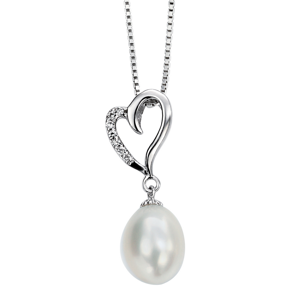 Sterling Silver Heart and Pearl Pendant Necklace with Crystals