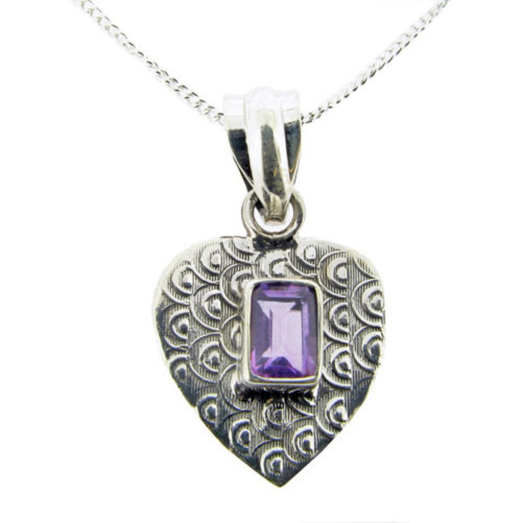 Sterling Silver Heart Pendant Necklace with Amethyst Crystal