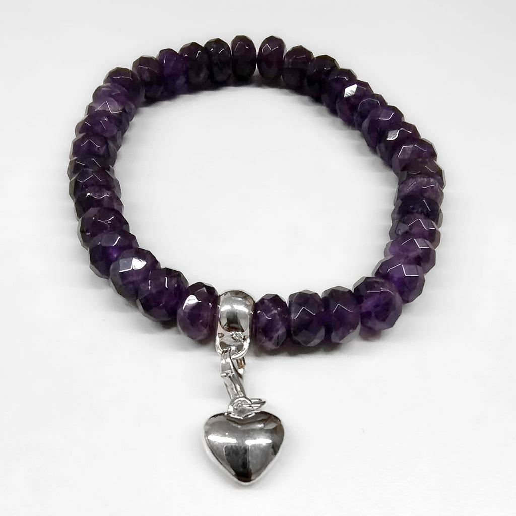 Amethyst Beaded Bracelet with Sterling Silver Heart Charm