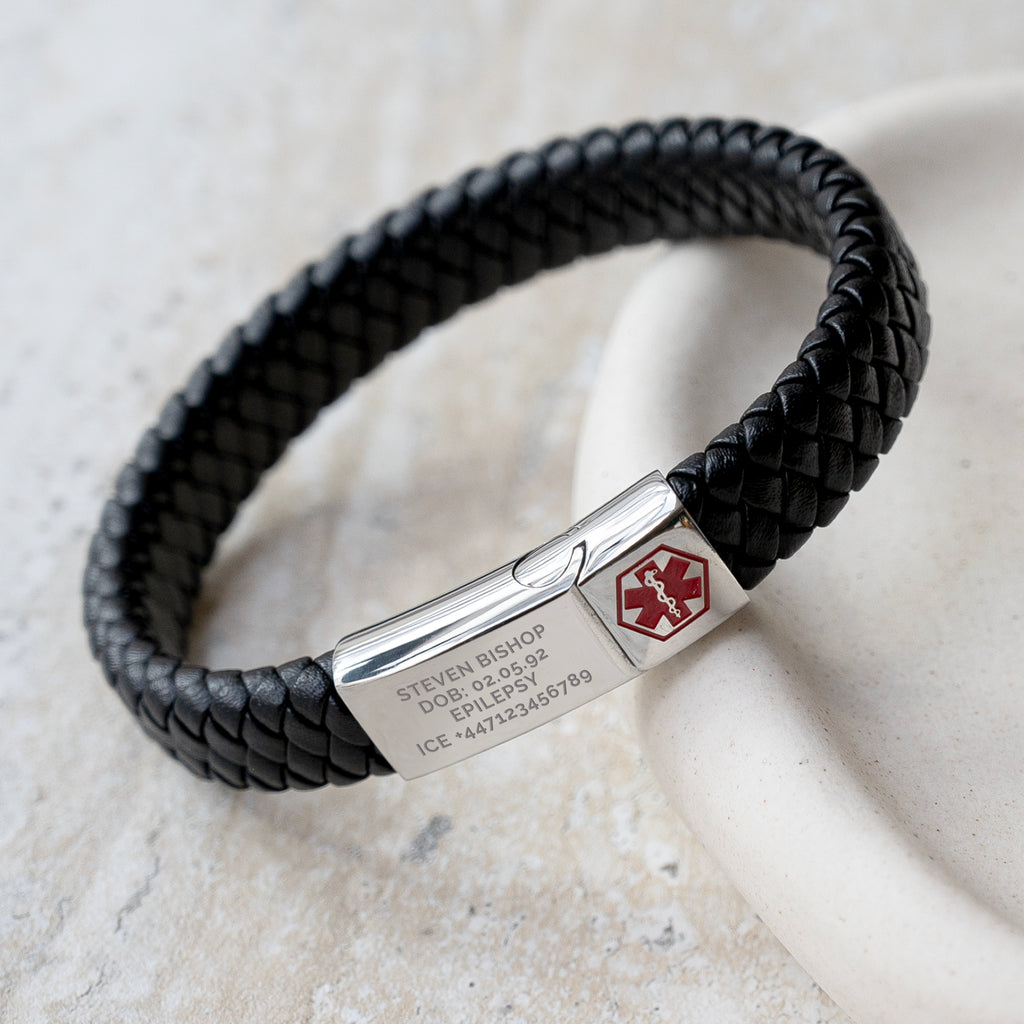 Personalised Men's Woven Leather Medical Bracelet