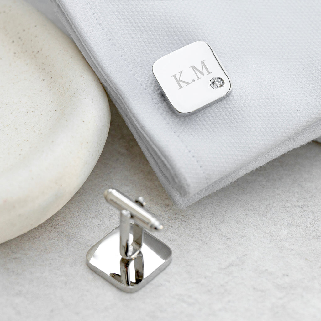 Personalised Men's Silver Tone Square Cufflink with Crystal