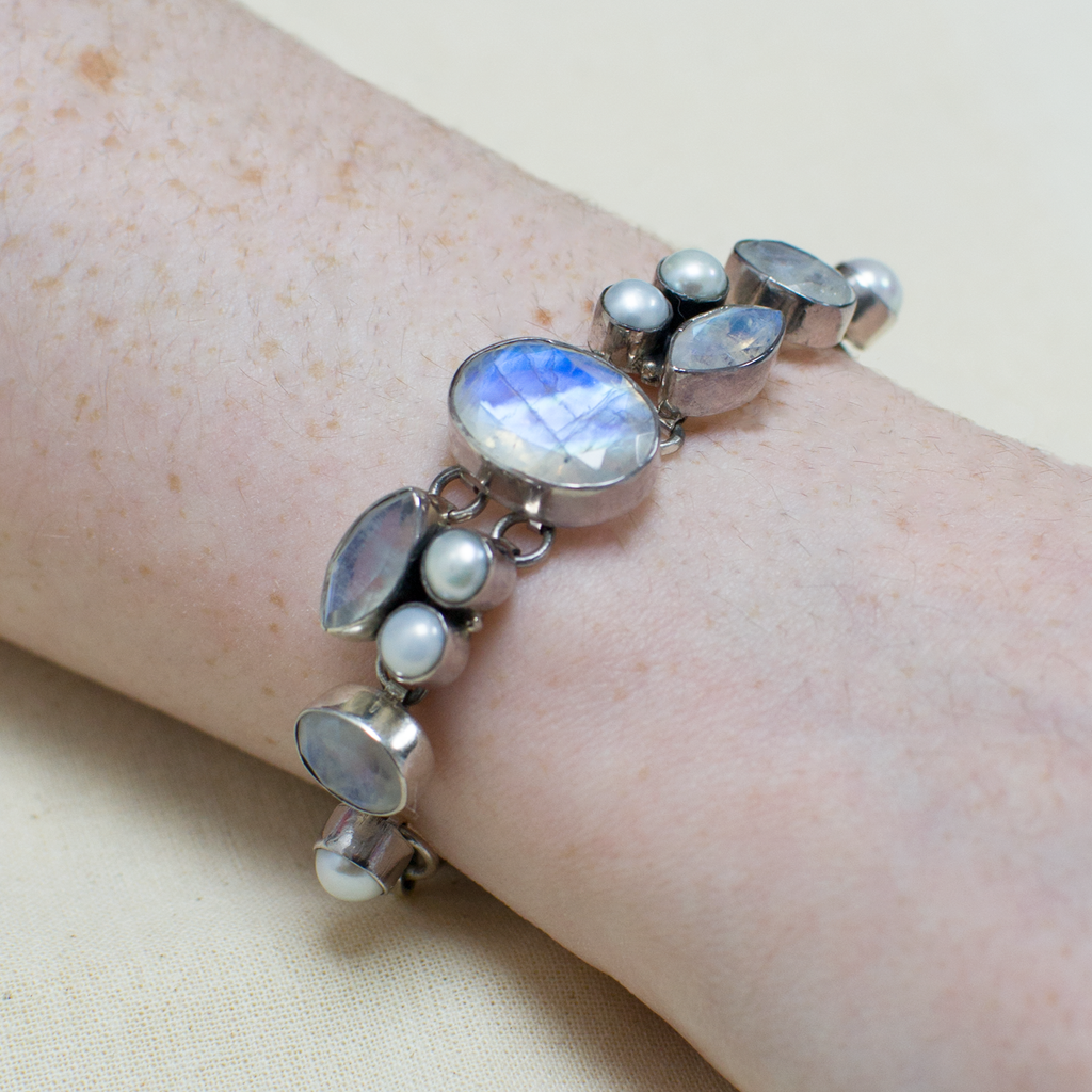Moonstone and Pearl Gemstone Inlay Bracelet in Sterling Silver