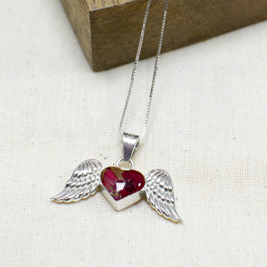 Sterling Silver Angel Wing Necklace with Real Flower Heart