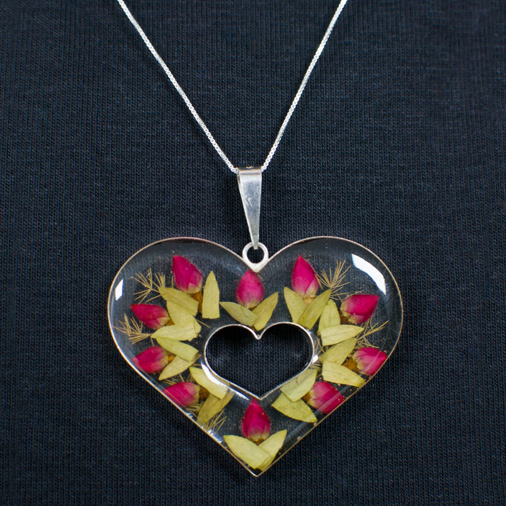 Encased Rose Bud Heart Necklace in Sterling Silver