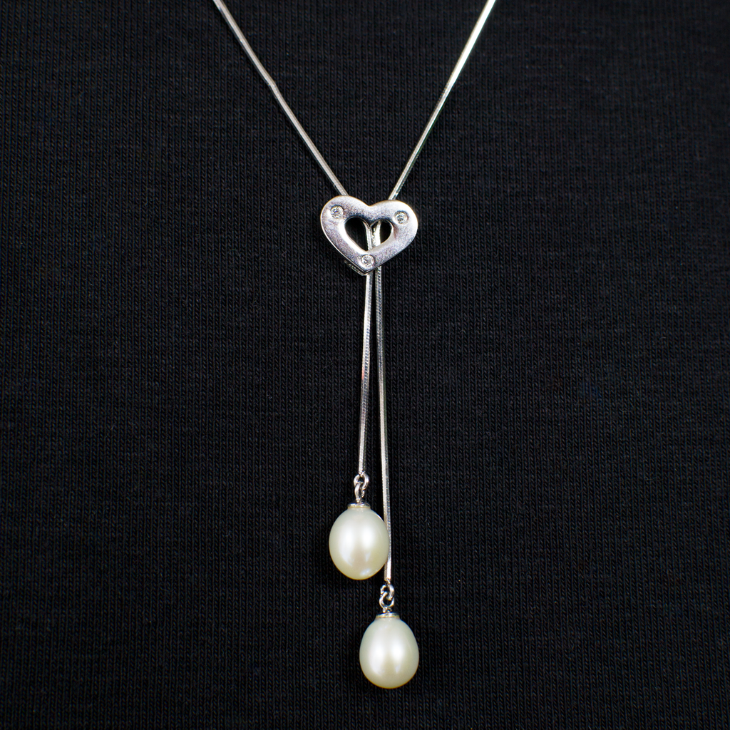 Sterling Silver Heart and Pearl Lariat Necklace