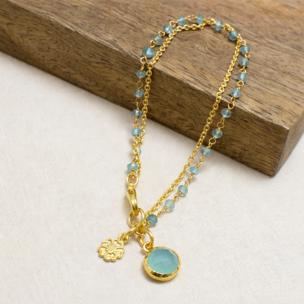 Gold Plated and Aquamarine Gemstone Bead Layered Bracelet