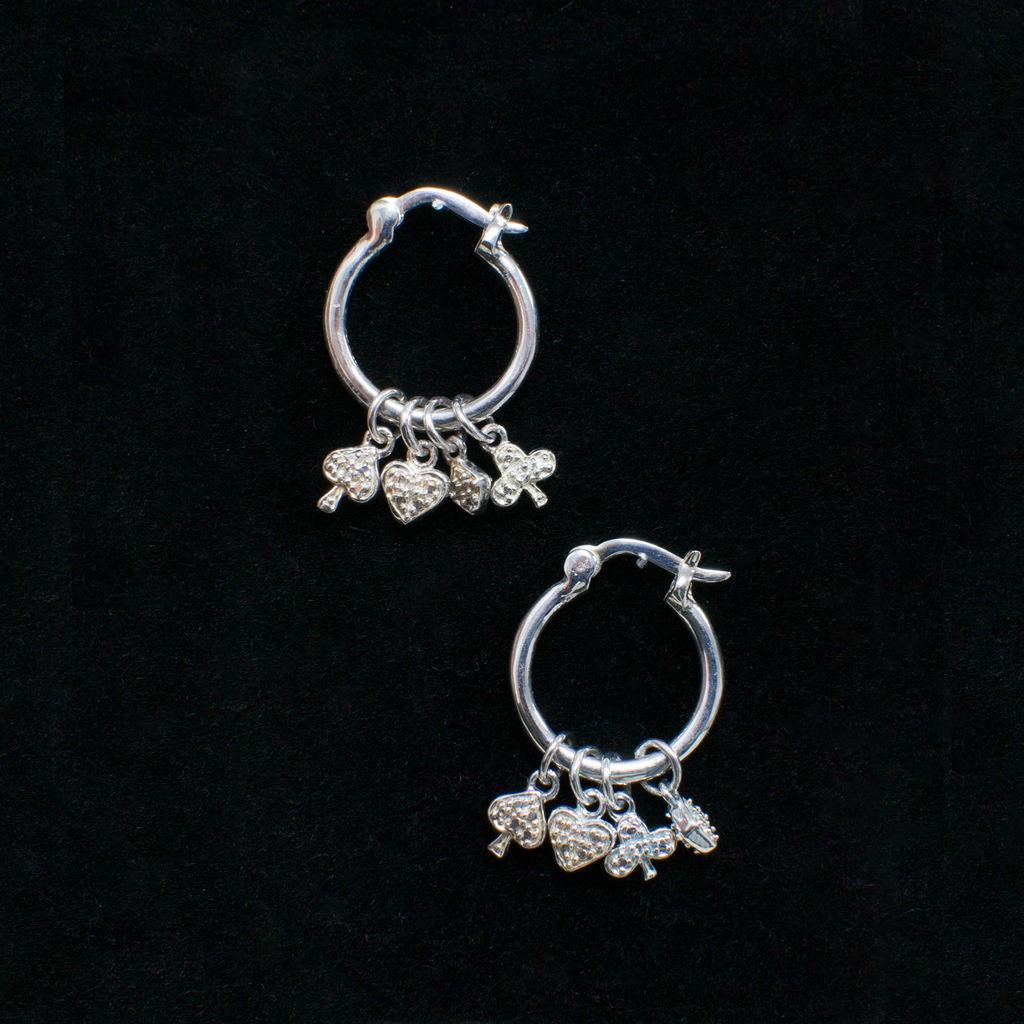 Sterling Silver Hoop Earrings with Playing Card Suit Charms