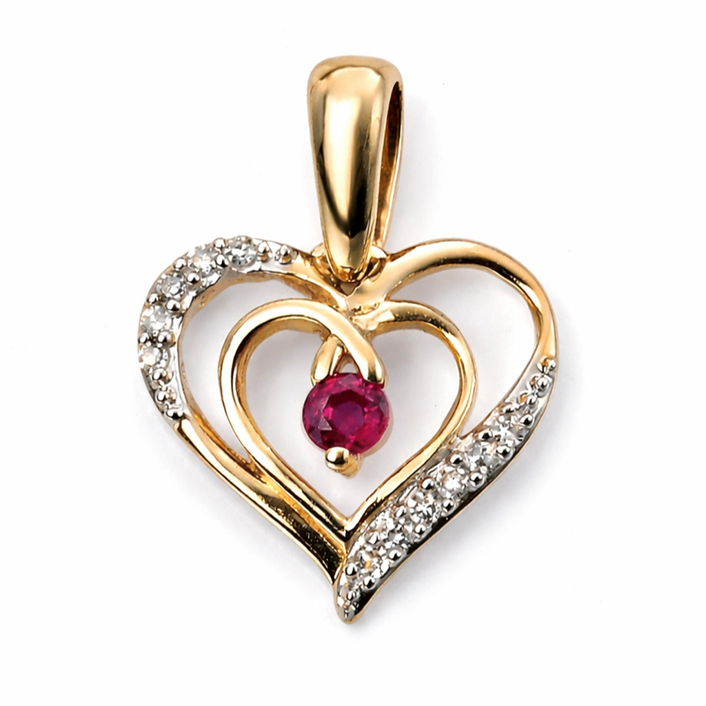 Luxury 9ct Gold Diamond Set Heart Pendant Necklace with Ruby