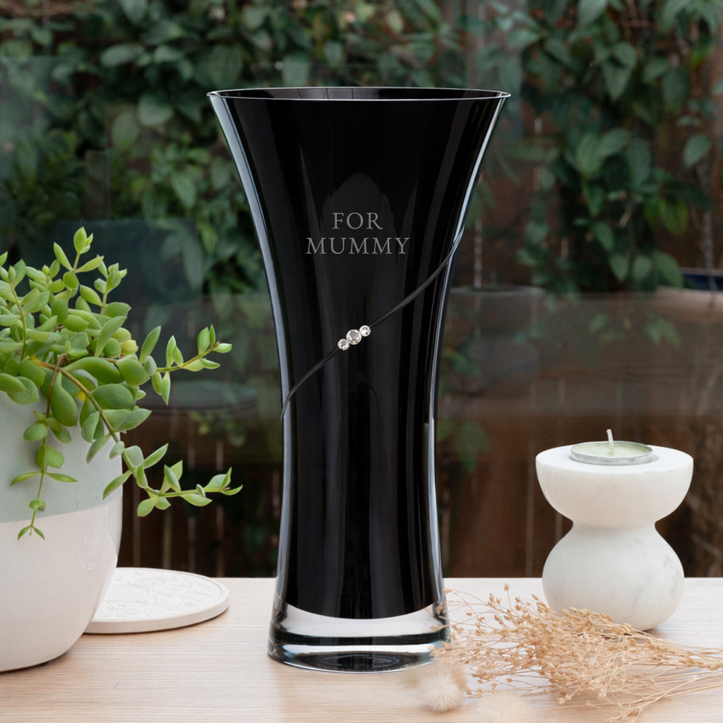 Personalised Black Hourglass Crystal Glass Vase with Swarovski Crystals