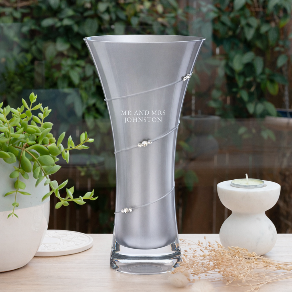 Personalised Silver Hourglass Crystal Glass Vase with Swarovski Crystals