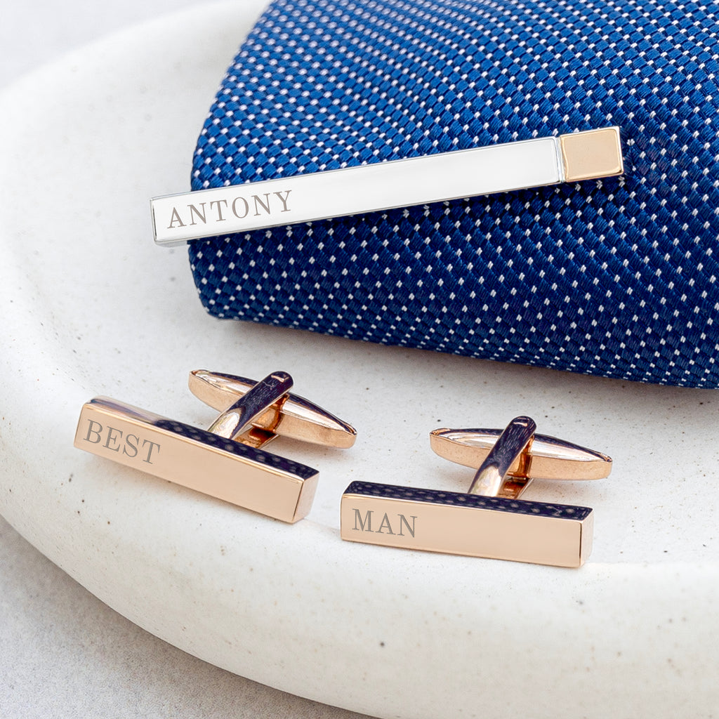 Personalised Silver and Rose Gold Plated Tie Pin and Cufflink Set