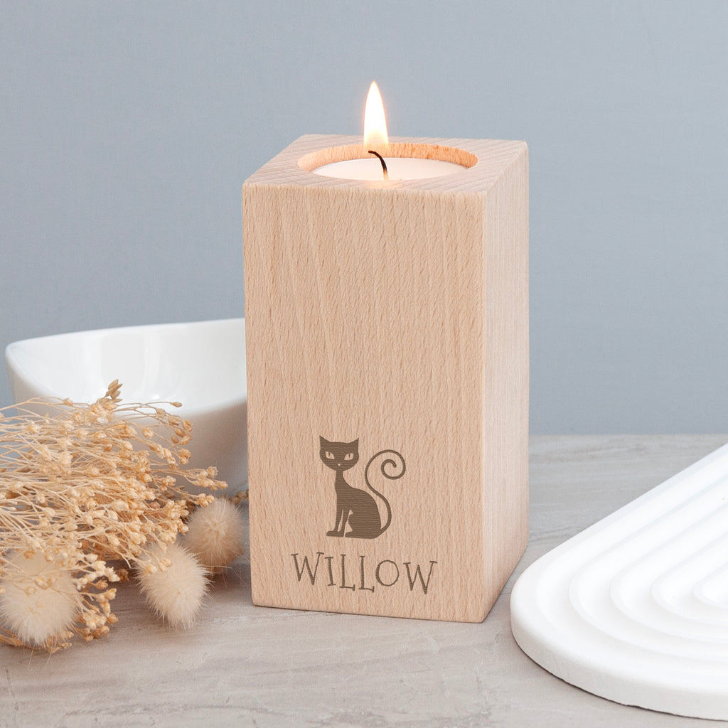 Personalised Halloween Witch's Cat Wooden Tealight Holder
