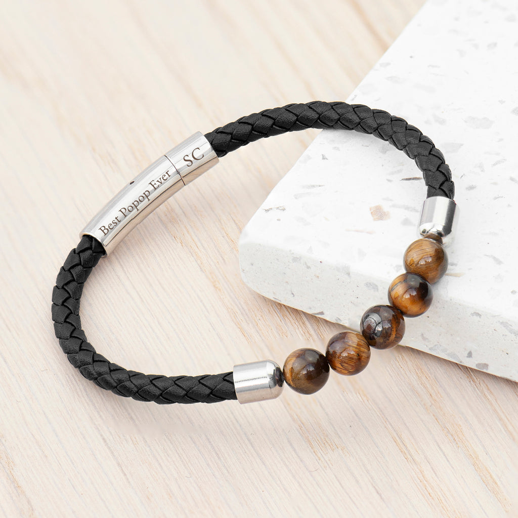 Personalised Men's Black Leather and Tiger's Eye Bracelet