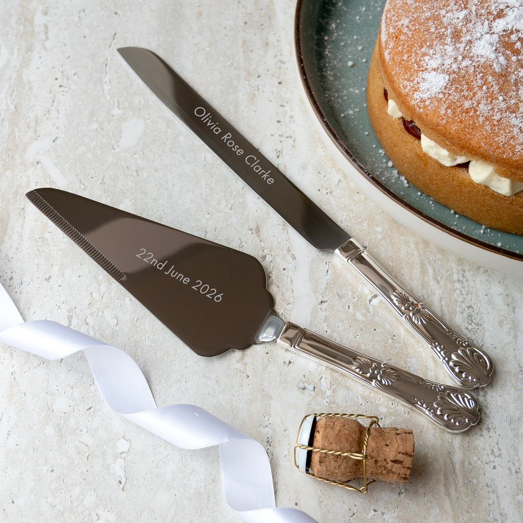 Personalised Silver Tone Celebration Cake Knife and Slice Server Set