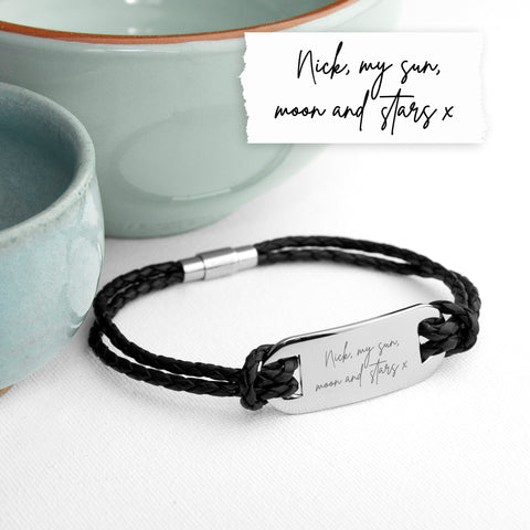 Personalised Handwriting Men's Black Leather Bracelet