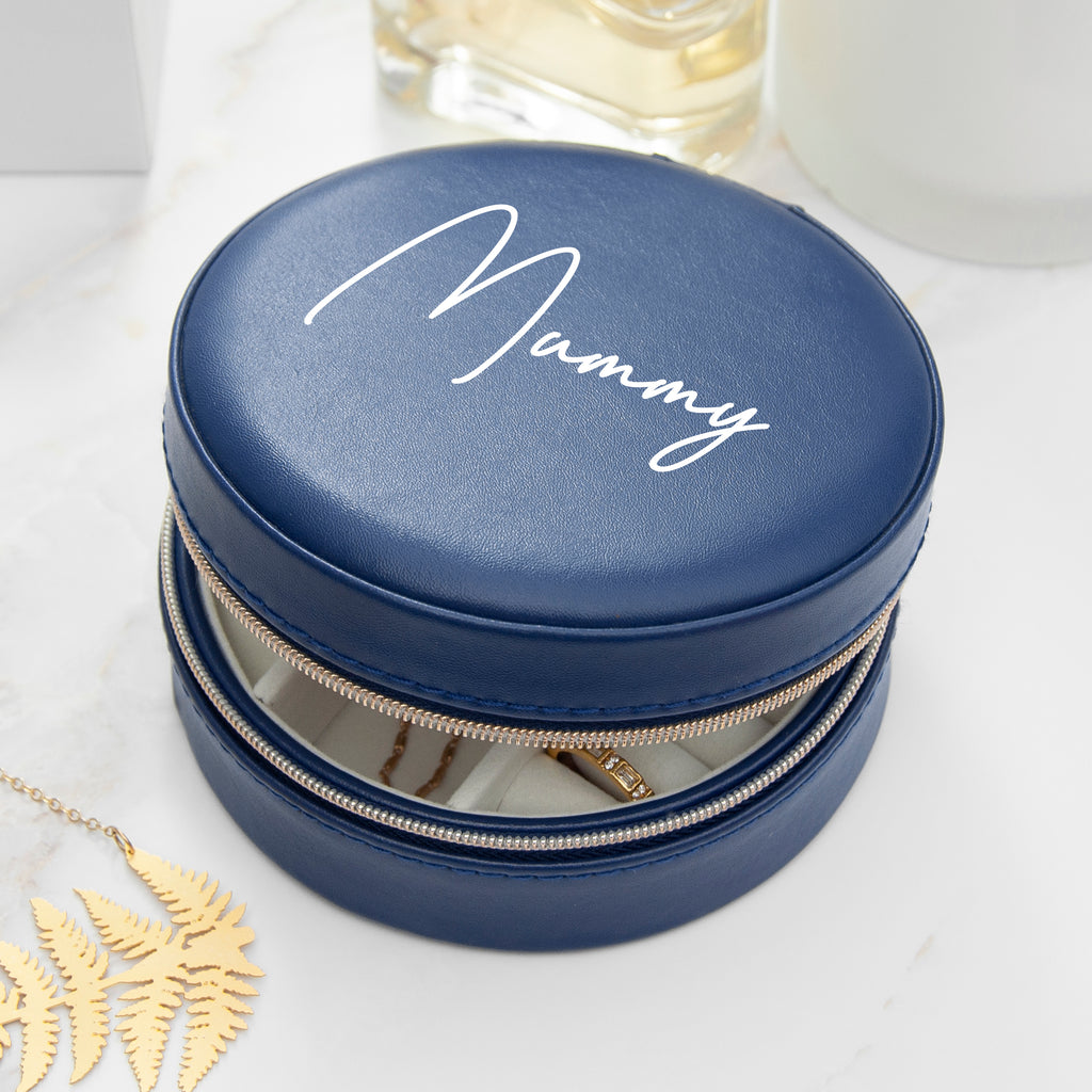 Personalised Navy Blue Round Travel Jewellery Case