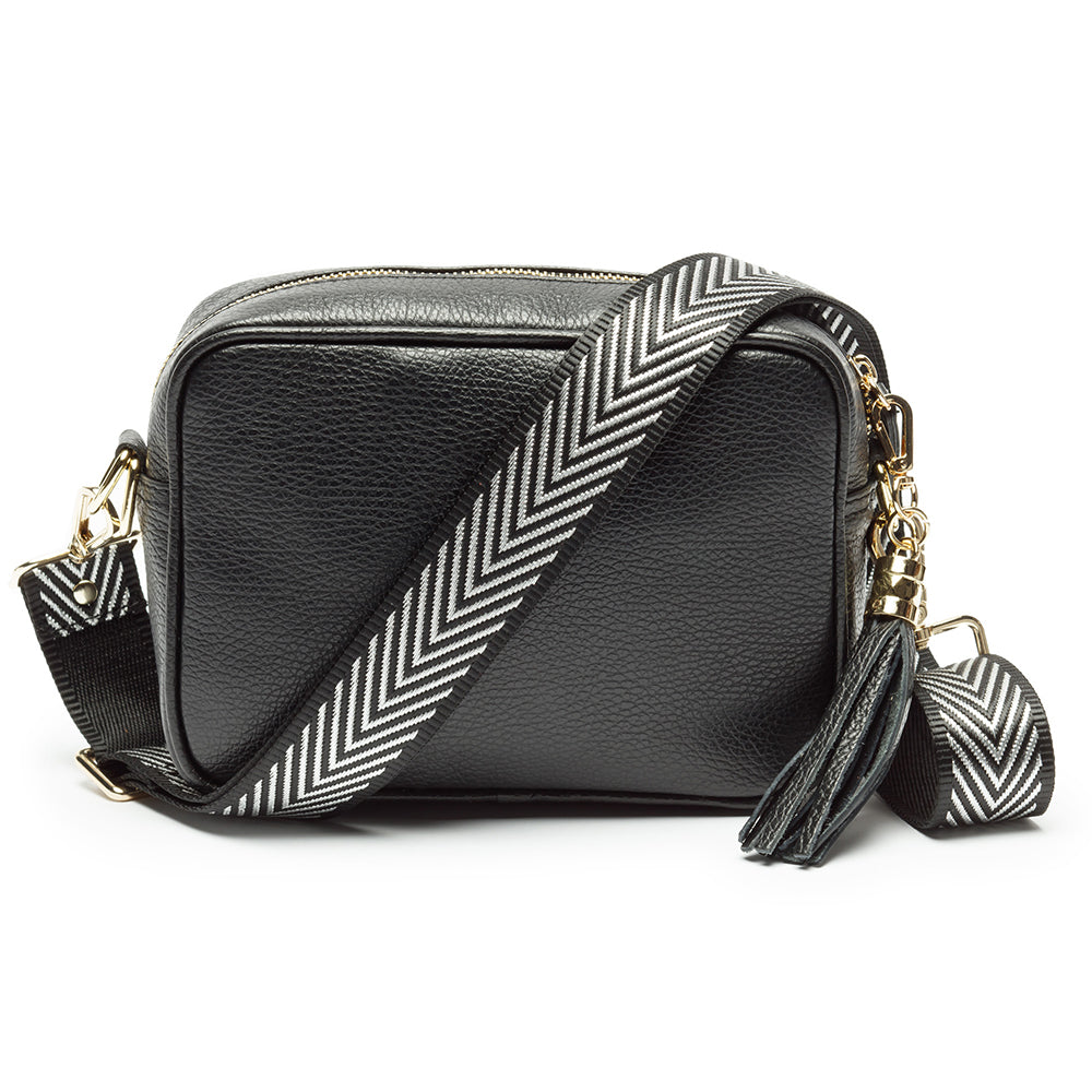 Personalised Elie Beaumont Cross Body Black Leather Bag with Choice of Strap