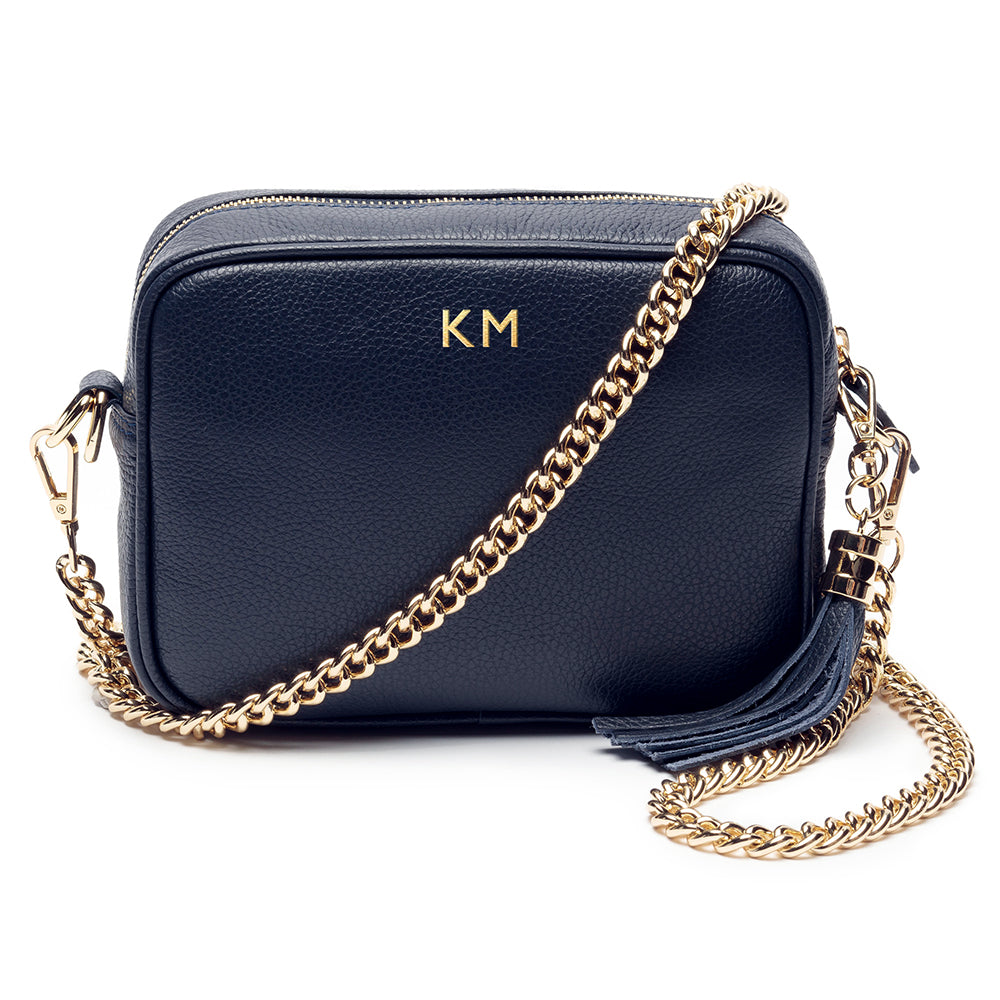 Personalised Elie Beaumont Cross Body Navy Leather Bag with Choice of Strap