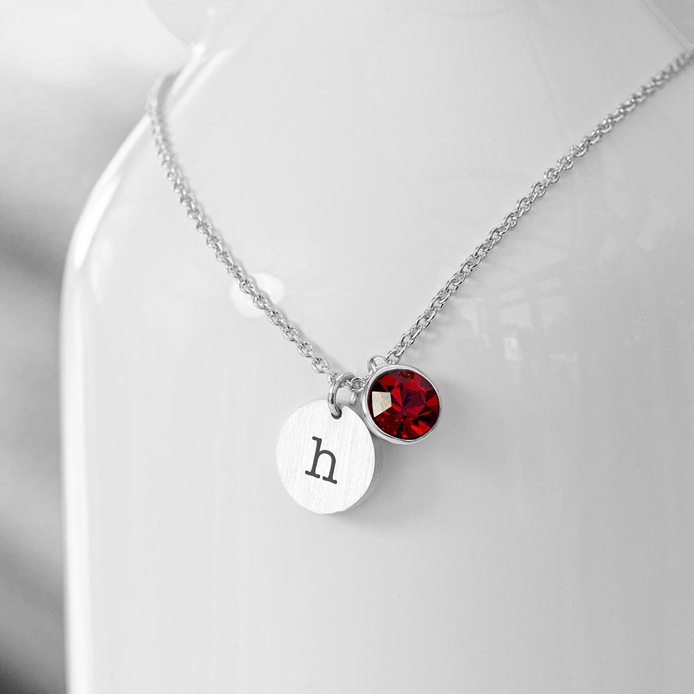 Personalised Monogram Silver Birthstone Crystal and Disc Necklace