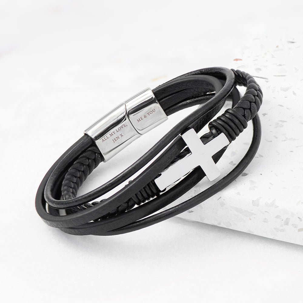Men's Cross Leather Bracelet - Adjustable Wrap Design, Stainless Steel, Brown, Gift For Him