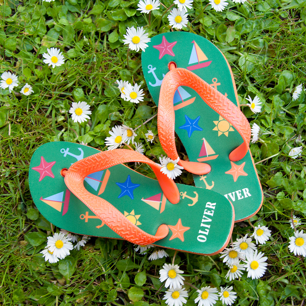All The Fun At The Beach Child's Personalised Flip Flops In Green - treat-republic