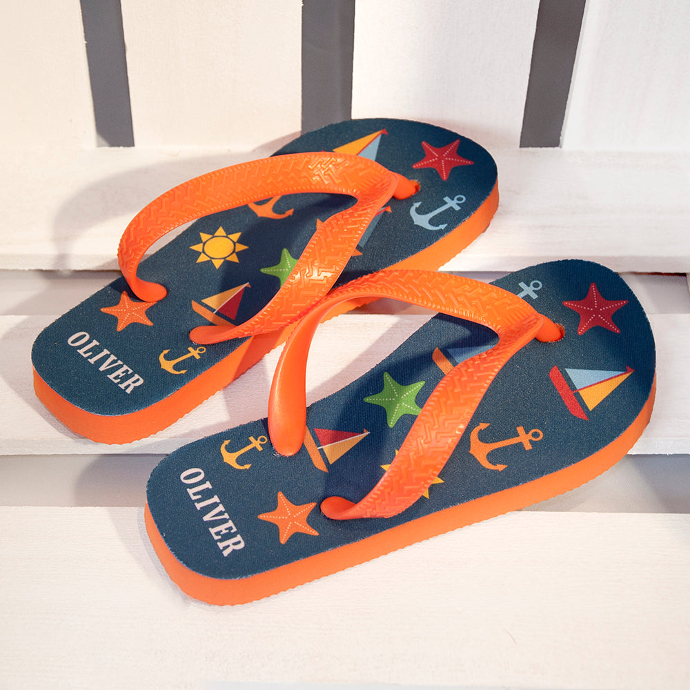 All The Fun At The Beach Child's Personalised Flip Flops In Navy - treat-republic
