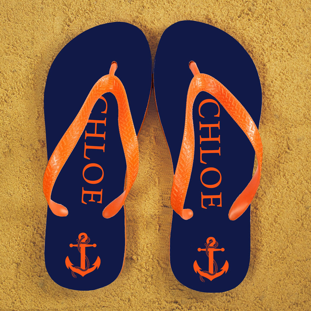 Anchor style Personalised Flip Flops in Blue and Orange - treat-republic