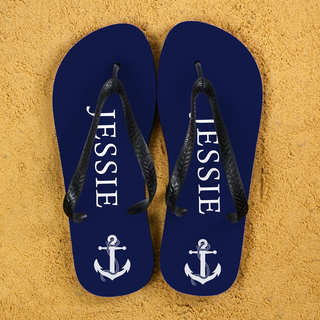 Anchor style Personalised Flip Flops in Blue and White - treat-republic